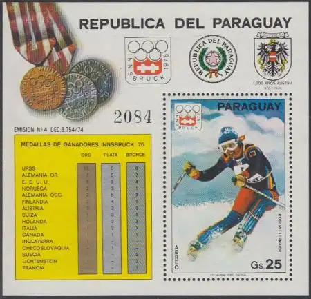 Paraguay Mi.Nr. Block 277 Olympia 1976 Innsbruck, Rosi Mittelmaier 