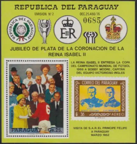 Paraguay Mi.Nr. Block 321 Fußball-WM 78 Argentinien, Kronjubiläum Elisabeth II