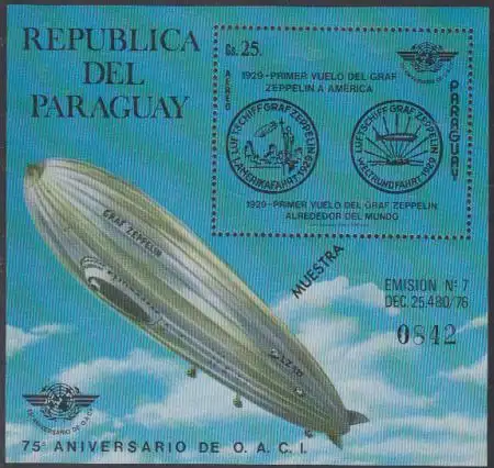 Paraguay Mi.Nr. Block 334 "Muestra" Geschichte der Luftfahrt, Zeppelin-Stempel 