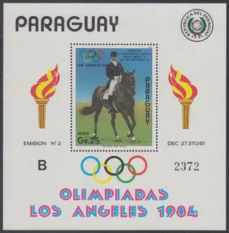 Paraguay Mi.Nr. Block 395 Olympia 1984 Los Angeles, Dressurreiten Stückelberger 