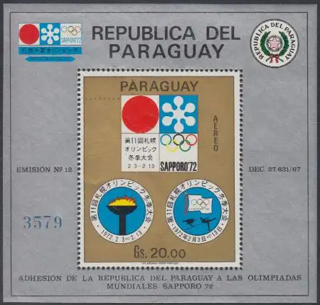 Paraguay Mi.Nr. Block 170 Olympia 1972 Sapporo, Emblem 