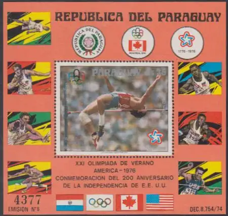 Paraguay Mi.Nr. Block 288 Olympia 1976 Montreal, Goldmed. Jenner, Hochsprung 