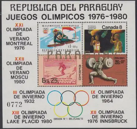 Paraguay Mi.Nr. Block 316 Olympia 1976-80, Marken der Ausrichterländer 