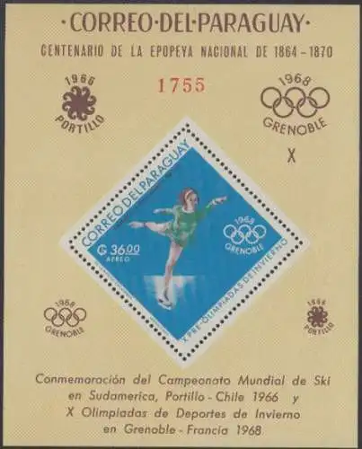 Paraguay Mi.Nr. Block 91 Ski-WM Portillo + Olympia 1968 Grenoble, Eiskunstlauf 