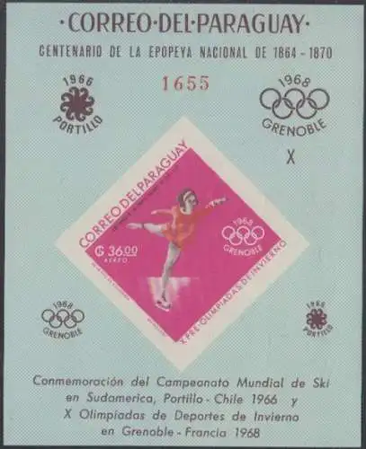 Paraguay Mi.Nr. Block 92 Ski-WM Portillo + Olympia 1968 Grenoble, Eiskunstlauf 