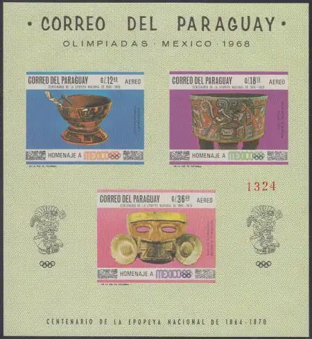 Paraguay Mi.Nr. Block 108 Olympia 1968 Mexiko, Präkolumbische Kunst 