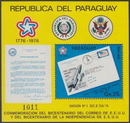 Paraguay Mi.Nr. Block 280 200J.USA / amerik. Post, Raketenpostbrief 