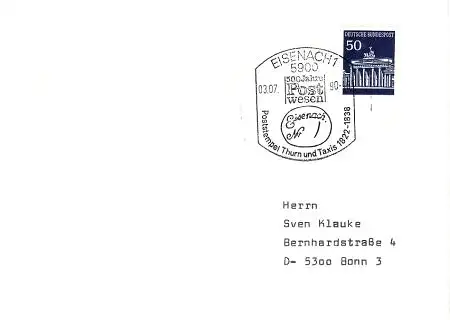 Deutsche Einheit Einzelfrankatur Bund 509, Br.Tor, auf Brief aus Eisenach (DDR)