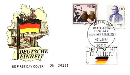 Deutsche Einheit Schmuckbrief Mischfrank. mit DDR-DP 3365, Bund 1477, Berlin 879