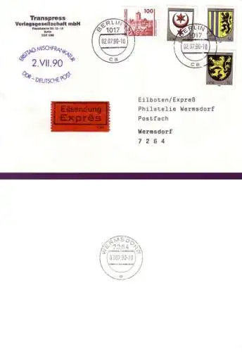 Deutsche Einheit Eilbrief Mischfrankatur mit DDR 2857, 2858, 2859, DDR-DP 3350