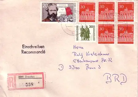 Deutsche Einheit Ebf. Mischfrankatur mit DDR 2784, DDR-DP 3345, Berlin 288 (5x)