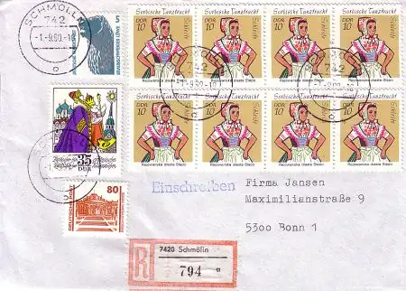 Deutsche Einheit Ebf. Mischfrankatur mit DDR 8x1723, 1999, DDR-DP 3349,Bund 1448