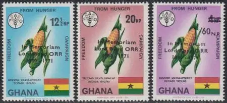 Ghana Mi.Nr. 450-52A Kampf dem Hunger, Maiskolben, Aufdr. Lord Boyd-Orr (3 W.)