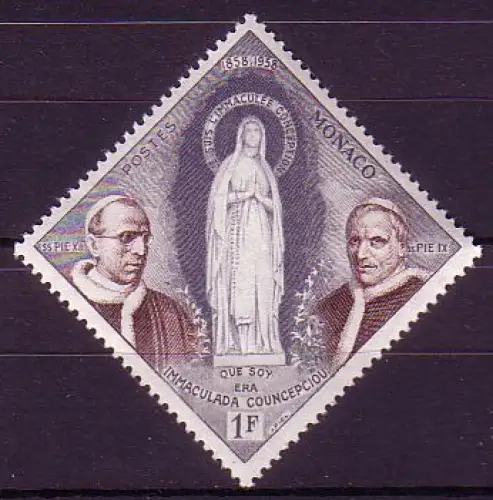 Monaco Mi.Nr. 590 Marienerscheinung Lourdes, Päpste Pius IX und XII (1)