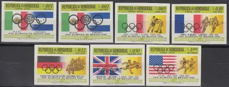 Honduras Mi.Nr. 702-08 Olympia 1968 Mexiko, Flaggen, Sieger Tokio, ungez. (7 W.)