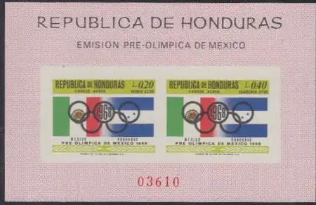 Honduras Mi.Nr. Block 10 Olympia 1968 Mexiko, Flaggen Mexiko und Honduras