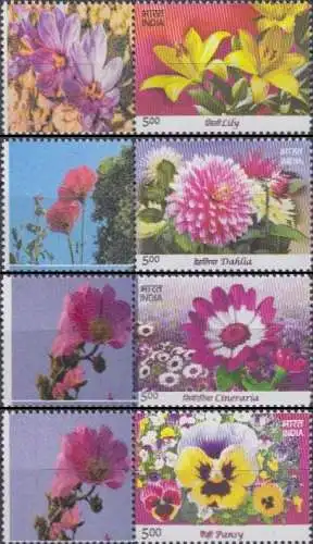 Indien Mi.Nr. 2674-77Zf Grußm. Blumen, u.a. Lilie, Dahlie (4 Werte mit Zierf.)