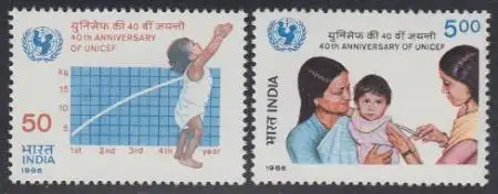 Indien Mi.Nr. 1070-71 40Jahre UNICEF, Kleinkind, Mutter m.Kind, Ärztin (2 Werte)