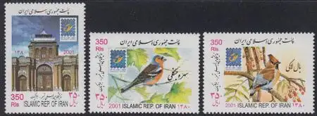 Iran Mi.Nr. 2854-56 BELGICA '01 Buchfink Seidenschwanz Portal Bagh-e-Melli (3W.)