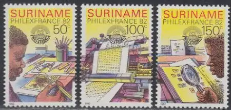 Surinam Mi.Nr. 987-89 PHILEXFRANCE '82, Briefmarkenentwurf, -druck (3 Werte)