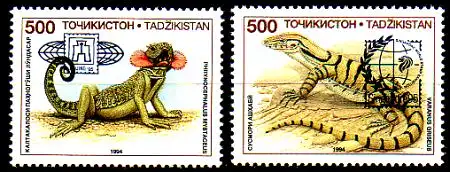 Tadschikistan Mi.Nr. 73-74 Echsen, MiNr. 65 + 67 mit Aufdruck (2 Werte)