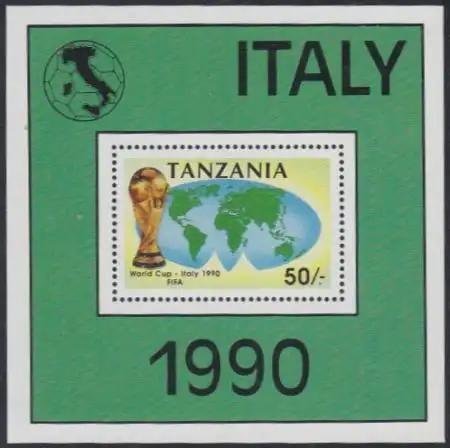 Tansania Mi.Nr. Block 127 Fußball WM 1990 Italien, FIFA-Pokal und Weltkarte