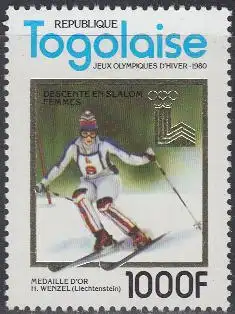 Togo Mi.Nr. 1508A Olympia 1980 Lake Placid, Gold Wenzel Riesenslalom (1000)