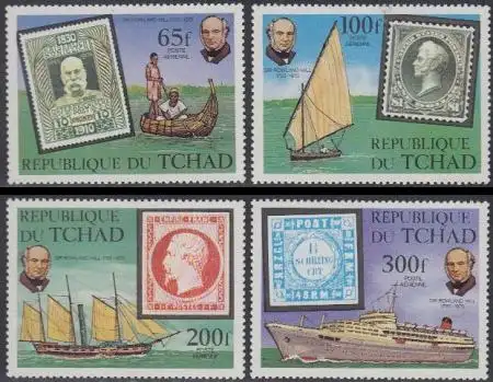 Tschad Mi.Nr. 872-75 100.Todestag Rowland Hill, Markenabbildungen, Schiffe (4W.)