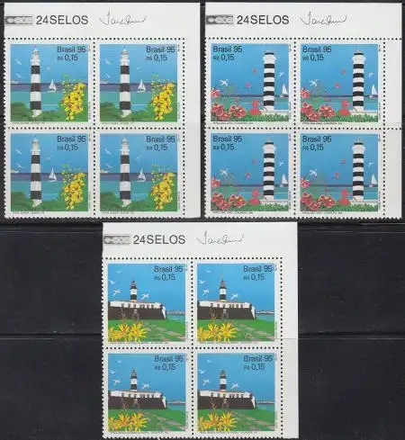 Brasilien Mi.Nr. 2661-63 Leuchttürme, Seevögel, Blumen (3 Viererblocks)