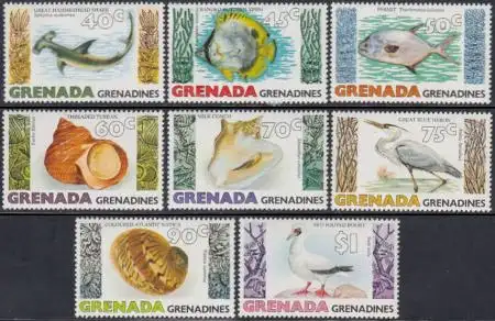 Grenada-Grenadinen Mi.Nr. 340-47 Fische, Meeresschnecken, Seevögel (8 Werte)