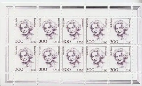 D,Bund Mi.Nr. Klbg. 2159 Freimarken "Frauen", Nelly Sachs (m.10x2159)