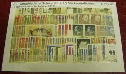 Schweden, Paket mit 700 versch. Briefmarken +10MH+3Heftchenblätter (gem.Abbildg)