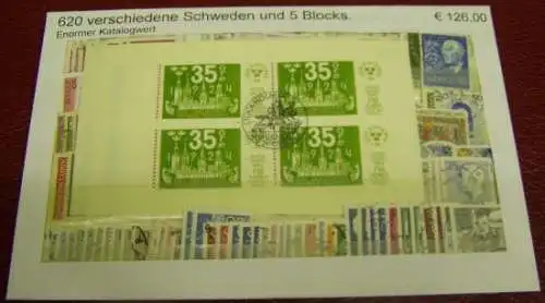 Schweden, Paket mit 620 verschiedenen Briefmarken + 5 Blocks (gemäß Abbildung)