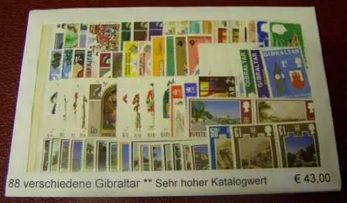 Gibraltar, Paket mit 88 verschiedenen Briefmarken ** (gemäß Abbildung)