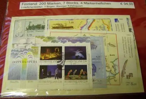 Finnland, Paket mit 200 ver.Briefmarken, 7 Blocks, 4MH, 5Hft.bl.+ 3Bog. (s.Abb.)