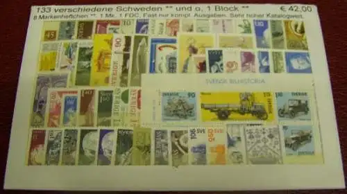 Schweden, Paket mit 133 versch. Briefmarken +1Block, 8MH, 1Mk,1FDC (gem.Abbildg)