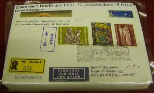 Österreich, Paket mit 70 verschiedenen Briefen + FDC (gemäß Abbildung)