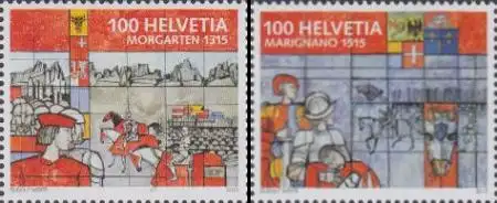 Schweiz Mi.Nr. 2390-91 Historie , Schlachten a.Morgarten + b.Marignano (2 Werte)