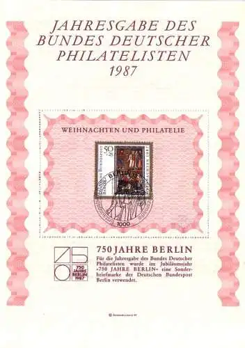 Berlin Jahresgabe 1987 Bund Dt. Philatelisten m.MiNr. 797 Weihnachten