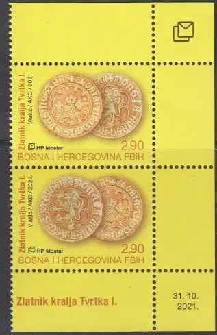 Bosnien-Herz.Kroat. Mi.Nr. 584-585 Goldmünze des Tvrtko I.