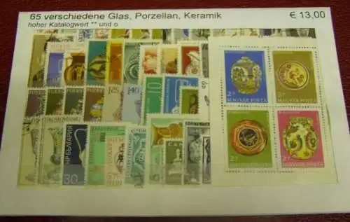 Glas, Porzellan, Keramik, Paket mit 65 verschiedenen Briefmarken 