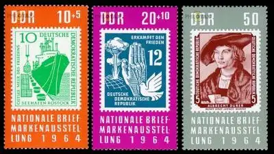 D,DDR Mi.Nr. 1056-58 Nat. Briefmarkenausstellung 64, mit DDR-Marken (3 Werte)