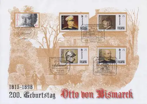 200. Geburtstag Otto von Bismarck, Umschlag, 5 Marken + Sonderstempel 