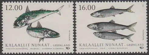 Grönland MiNr. 793-94A NORDEN, Fische, Makrele und Hering (2 Werte)