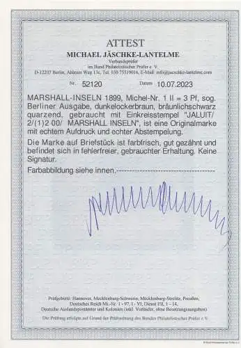 Deutsche Kolonien, Marshall-Inseln MiNr 1II, Krone und Adler, Attest