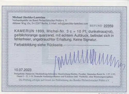 Deutsche Kolonien, Kamerun MiNr 3c, "Krone/Adler", Befund