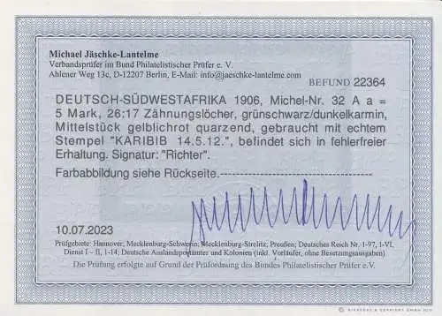 Deutsche Kolonien, Dt.-Südwestafrika MiNr 32Aa, Kaiseryacht Hohenzollern, Befund