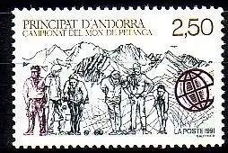 Andorra frz. Mi.Nr. 428 Pétanque WM, Spieler, Kugel, Landschaft (2,50)