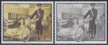 Malta Mi.Nr. 1567-68 Europa 08, Der Brief, Postbote,Fahrrad, Sortierung (2 W.)