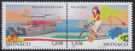 Monaco Mi.Nr. Zdr.3128-29 Ökologische Transportmittel, Boot, Elektro-Fahrrad